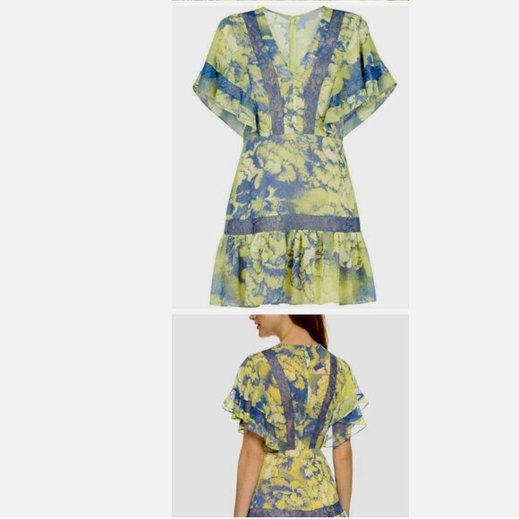 BCBG Maxazria Womens Karian Mini Dress Size 4 Dark Lime Combo Flutter Sleeve - Picture 3 of 6